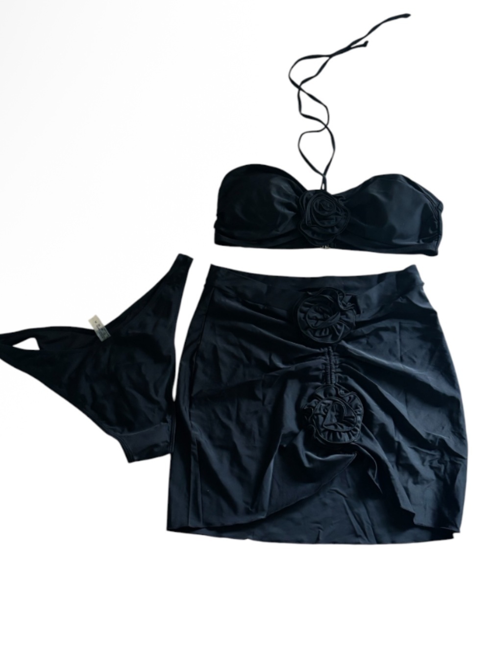 Black Three-Piece Bikini Set with Floral Accents NWOT